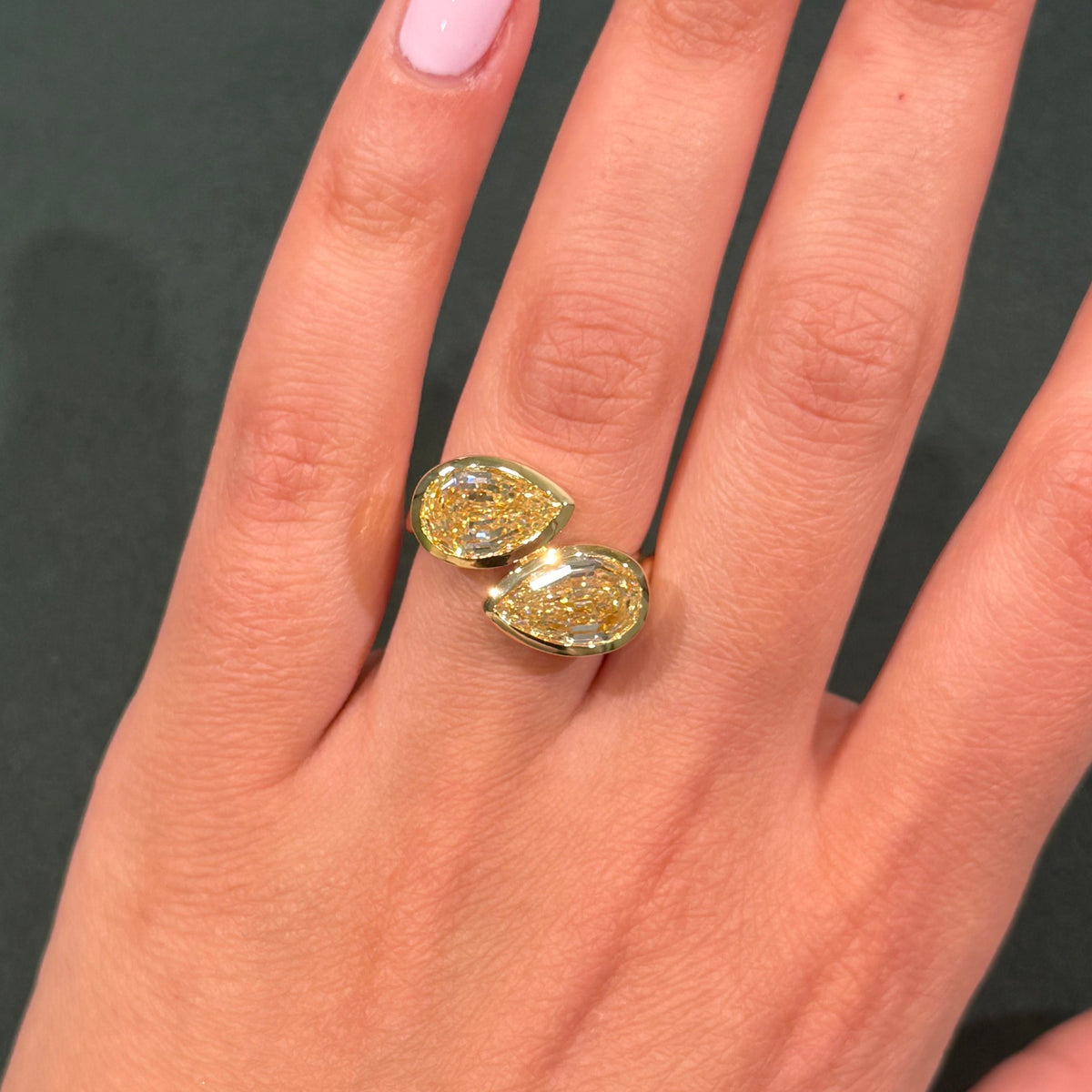 5.18ctw Light Yellow Step-Cut Pear Diamond Two-Stone Bypass Ring VS GIA