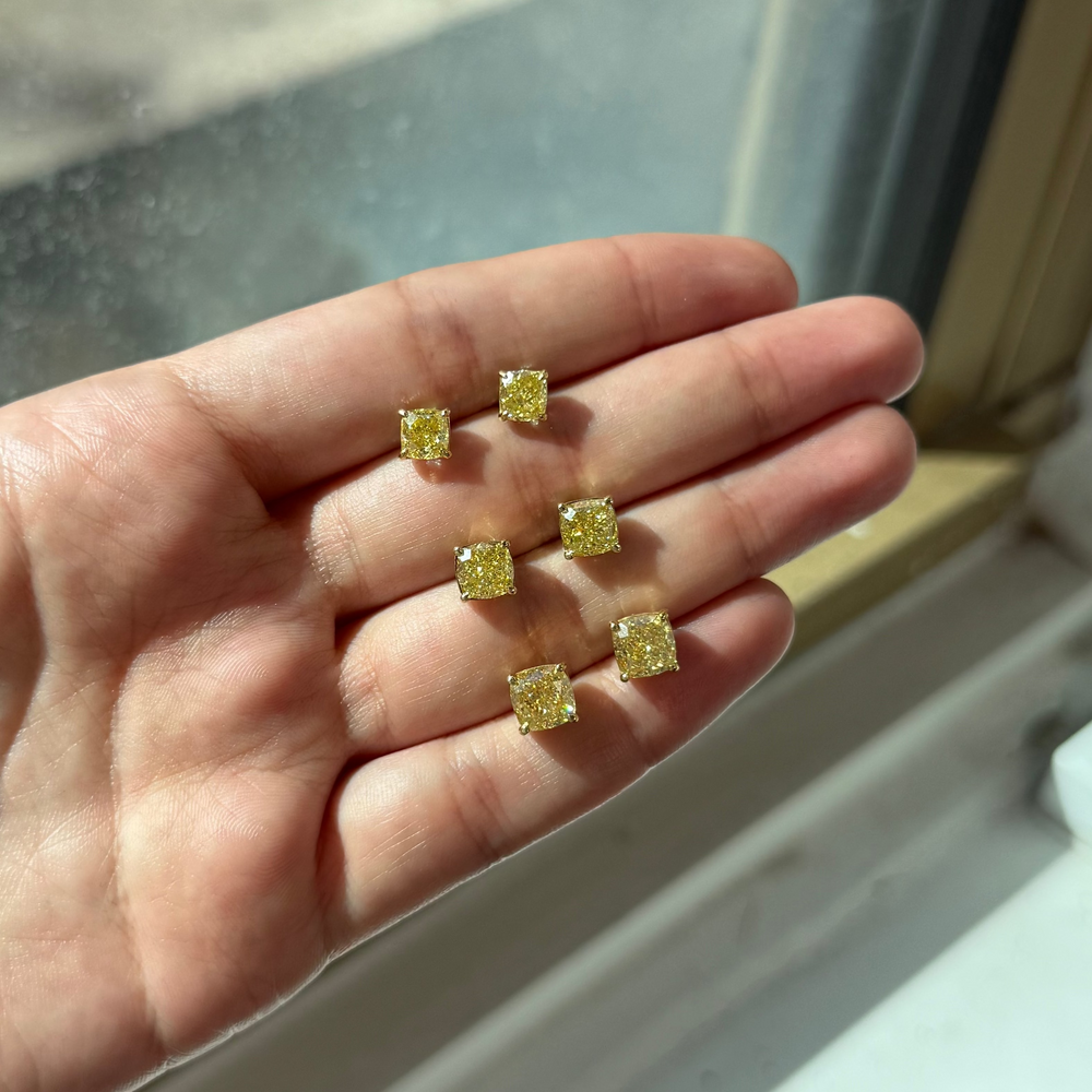 Fancy Yellow Square Cushion-Cut Diamond Stud Earrings GIA