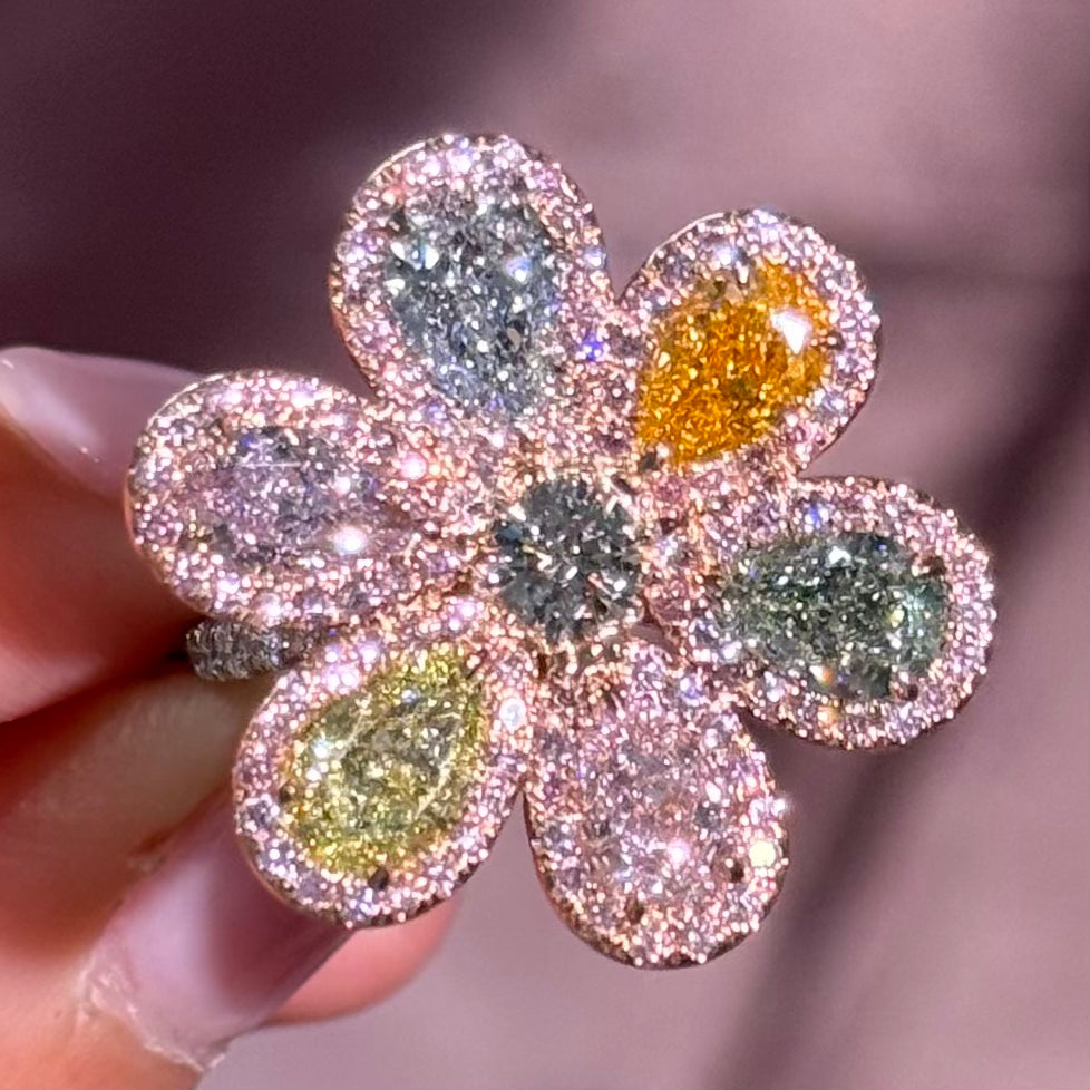 4.88ctw Fancy Colored Diamond Pastel Rainbow Flower Cocktail Ring GIA