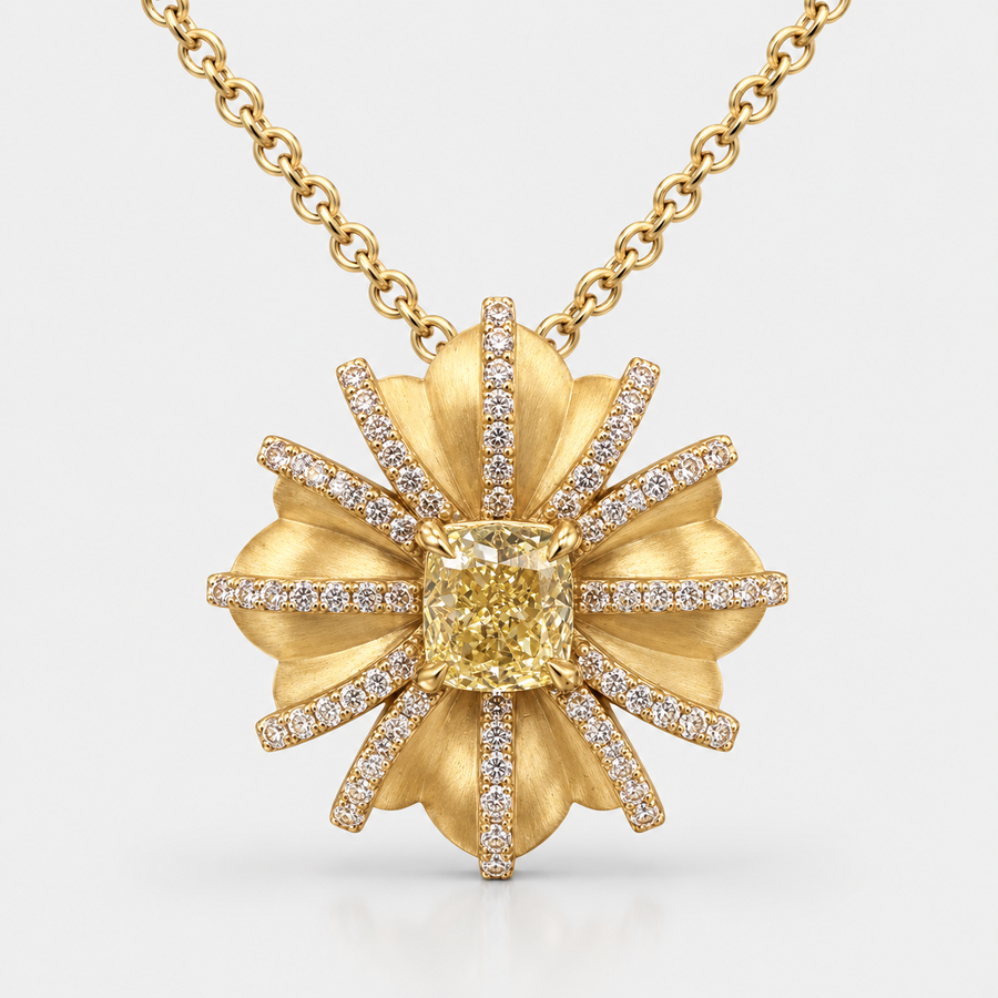 0.83ct Fancy Yellow Cushion Diamond Flower Medallion Pendant VVS2 GIA