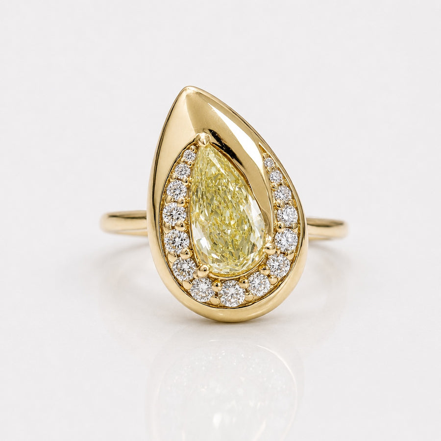 1.12ct Fancy Light Yellow Pear Diamond Bezel Swirl Ring VS2 GIA