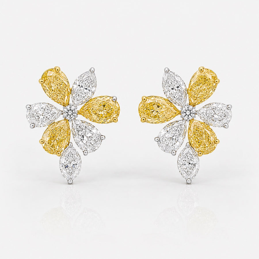 2.85ctw Yellow & White Diamond Flower Cluster Stud Earrings
