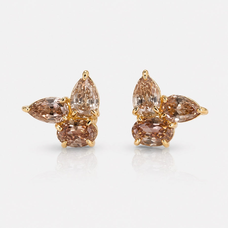 3ctw Step-Cut Champagne Diamond Three Stone Cluster Stud Earrings