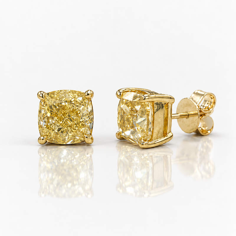 Fancy Yellow Square Cushion-Cut Diamond Stud Earrings GIA