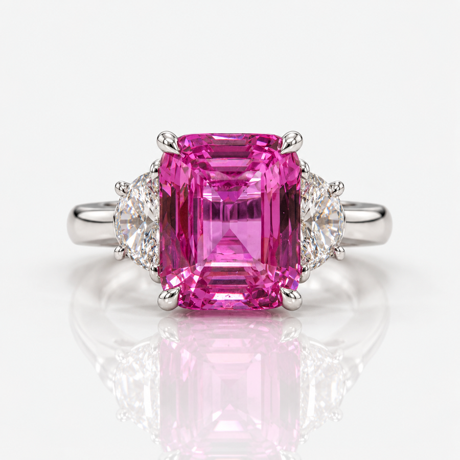 3.11ct Pink Sapphire Cushion Three Stone Ring GIA