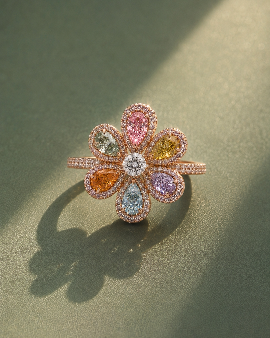 Floral-shaped ring with multicolored gemstones on a green background
