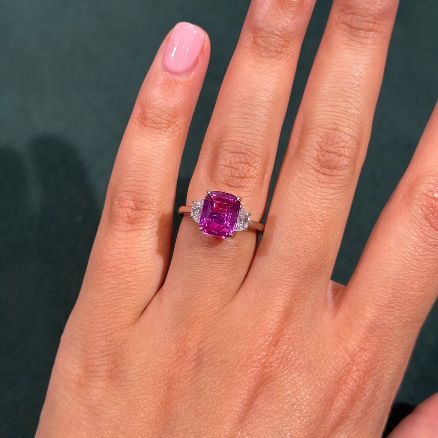 3.11ct Pink Sapphire Cushion Three Stone Ring GIA