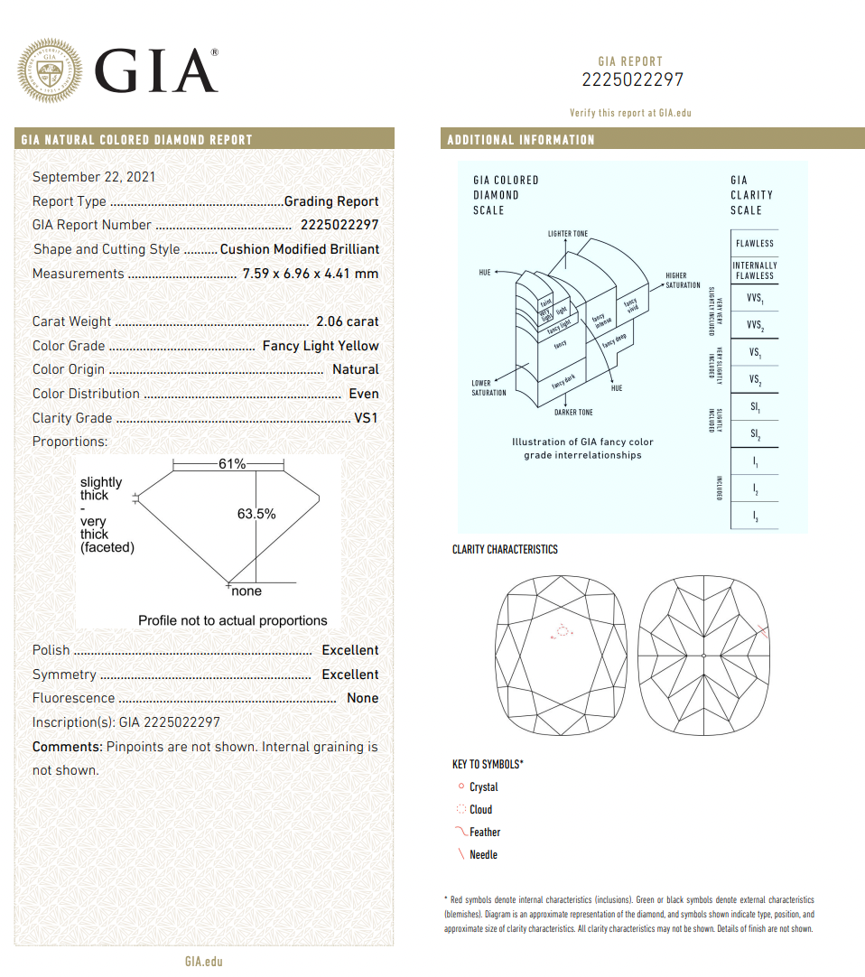 2.06ct Fancy Light Yellow Cushion Diamond Ring VS1 GIA