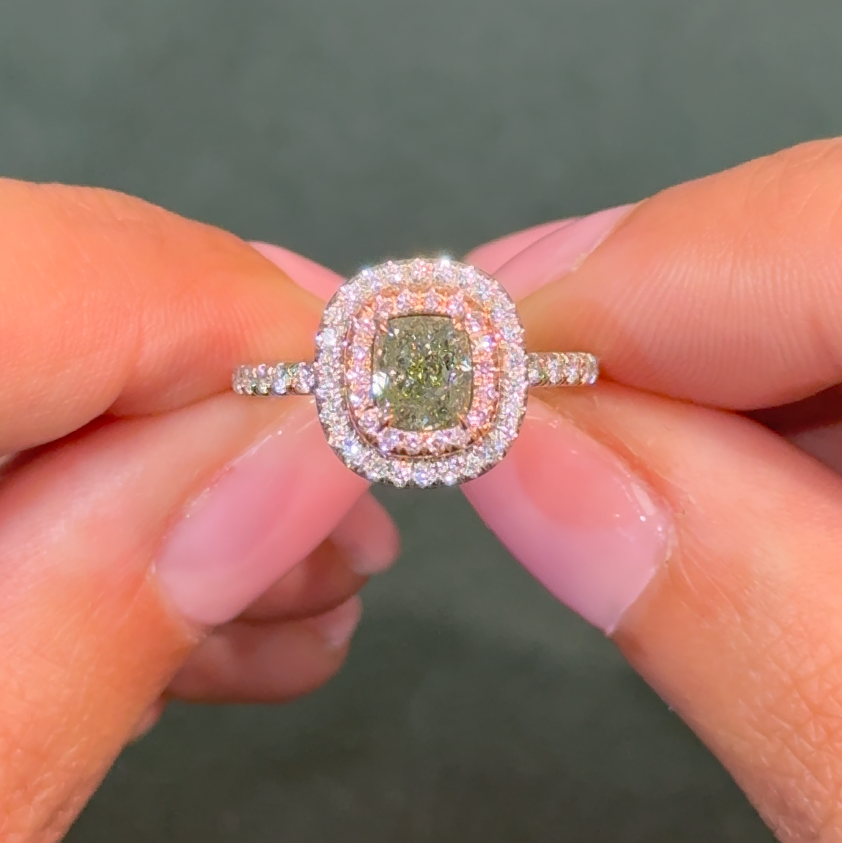 1.03ct Fancy Grayish Yellowish Green Cushion Diamond Double Halo Ring SI1 GIA