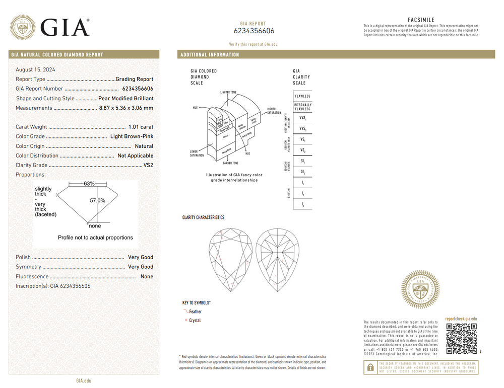 1.01ct Light Brown-Pink Pear Diamond Pendant VS2 GIA