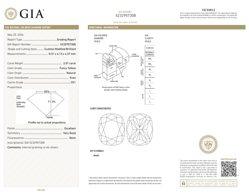 2.01ct Fancy Yellow Cushion Diamond Ring VS1 GIA