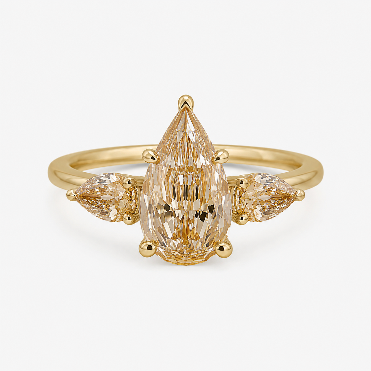 2.63ct Light Brown Step-Cut Pear Diamond Three Stone Ring