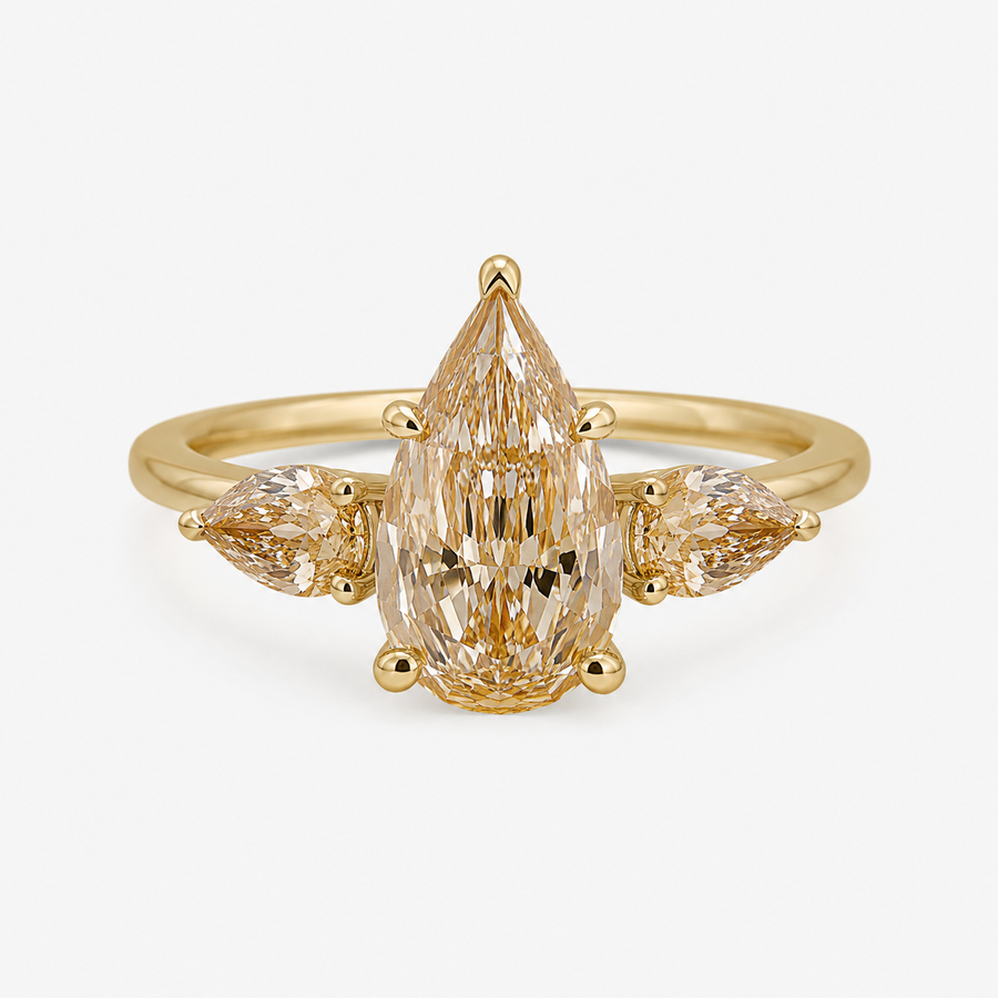 2.63ct Light Brown Step-Cut Pear Diamond Three Stone Ring