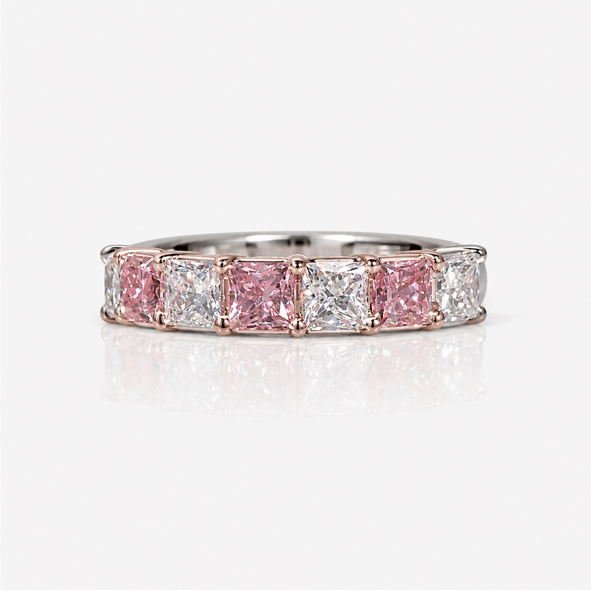 2.07ctw Fancy Intense Pink and Colorless Princess-Cut Diamond Alternating Half Eternity Band GIA