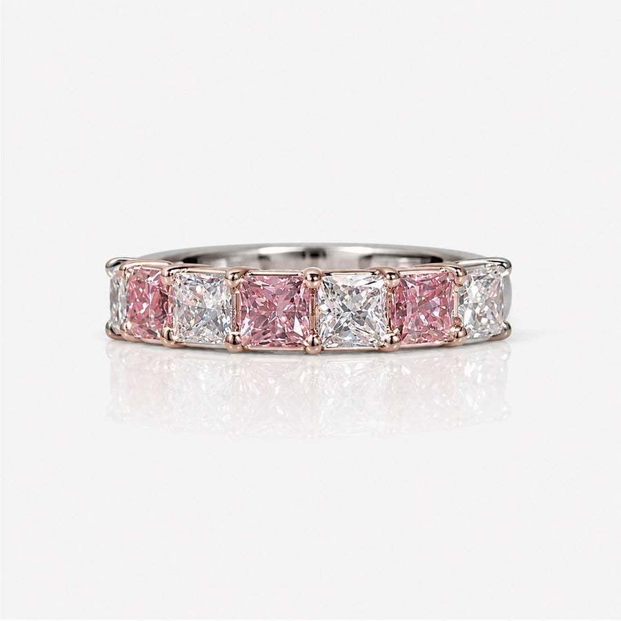 2.07ctw Fancy Intense Pink and Colorless Princess-Cut Diamond Alternating Half Eternity Band GIA