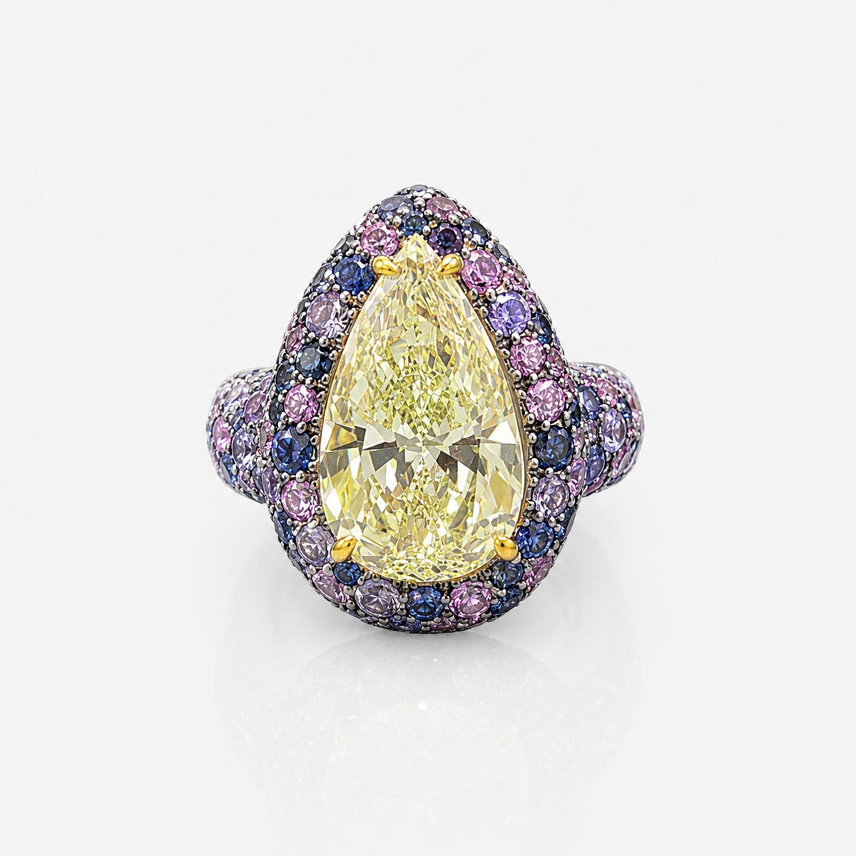4.3ct Light Yellow Pear Diamond Bubble Pave Sapphire Ring VS1 GIA