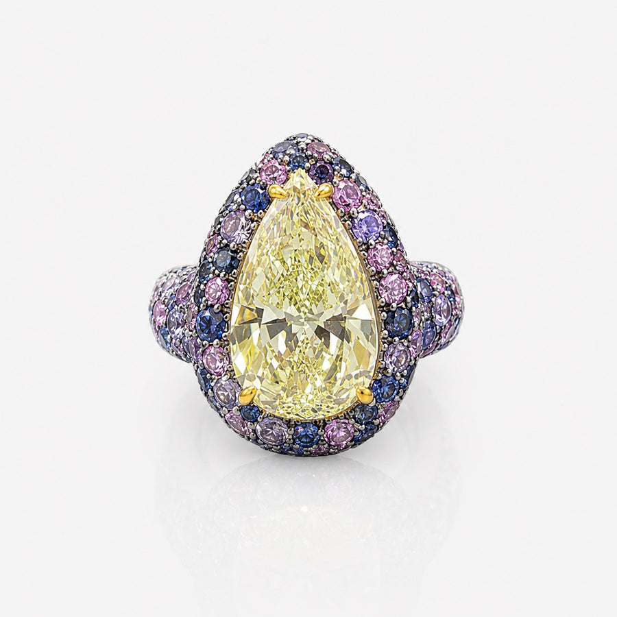 4.3ct Light Yellow Pear Diamond Bubble Pave Sapphire Ring VS1 GIA