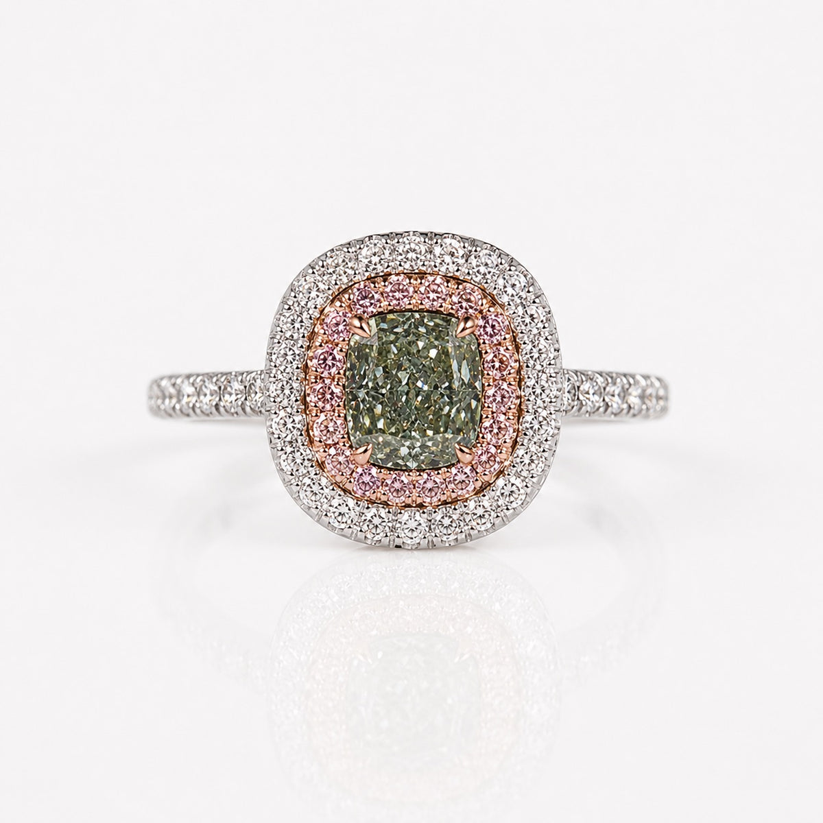 1.03ct Fancy Grayish Yellowish Green Cushion Diamond Double Halo Ring SI1 GIA