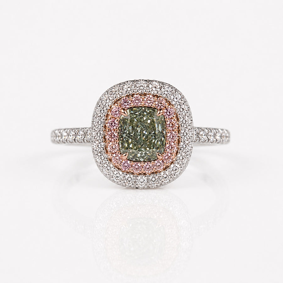 1.03ct Fancy Grayish Yellowish Green Cushion Diamond Double Halo Ring SI1 GIA