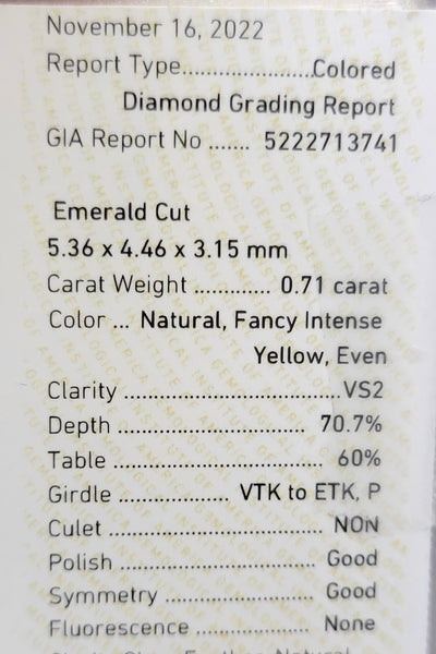 0.71ct Fancy Intense Yellow Emerald VS2 GIA