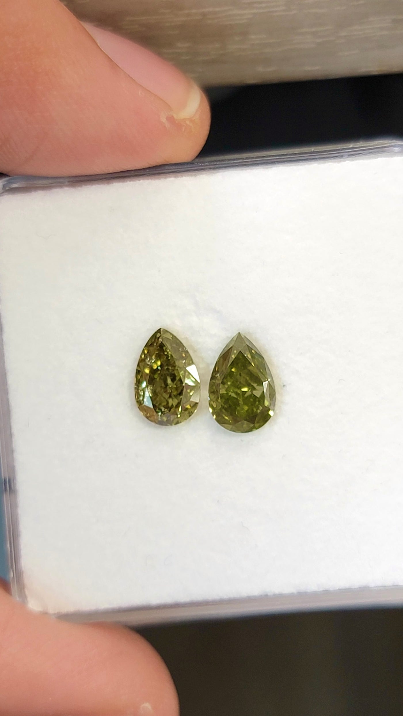 1.01 & 1.03ct “CHAMELEON” Fancy Deep Gray Yellowish Green Pears