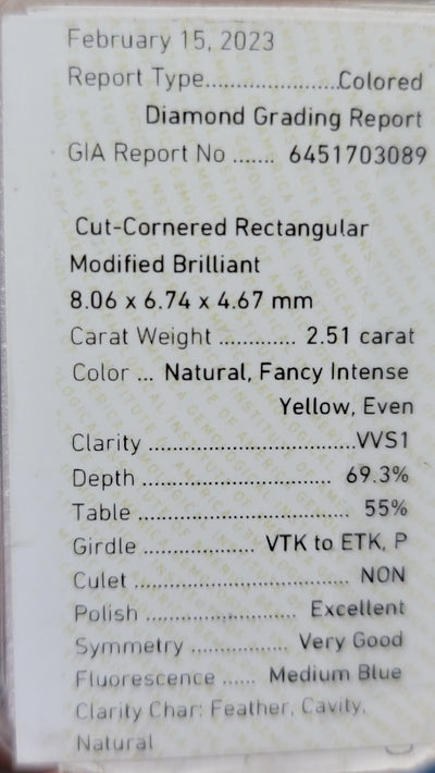 2.51ct Fancy Intense Yellow Radiant VVS1 GIA