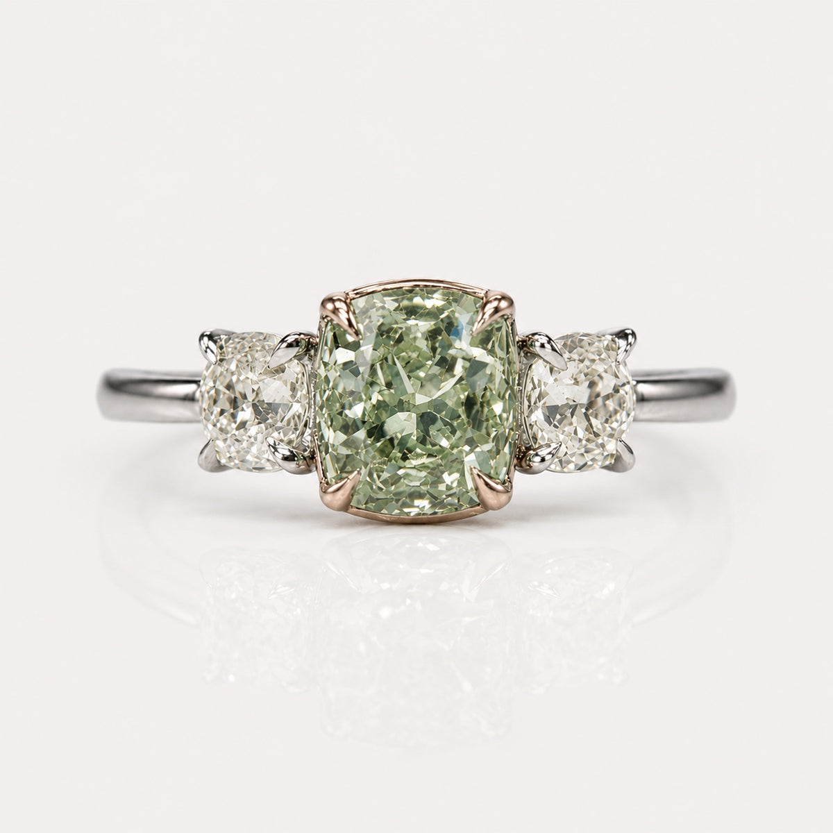 1.53ct Fancy Yellowish Green Old Mine Cushion Diamond Ring SI2 GIA