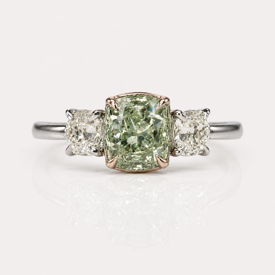 1.53ct Fancy Yellowish Green Old Mine Cushion Diamond Ring SI2 GIA