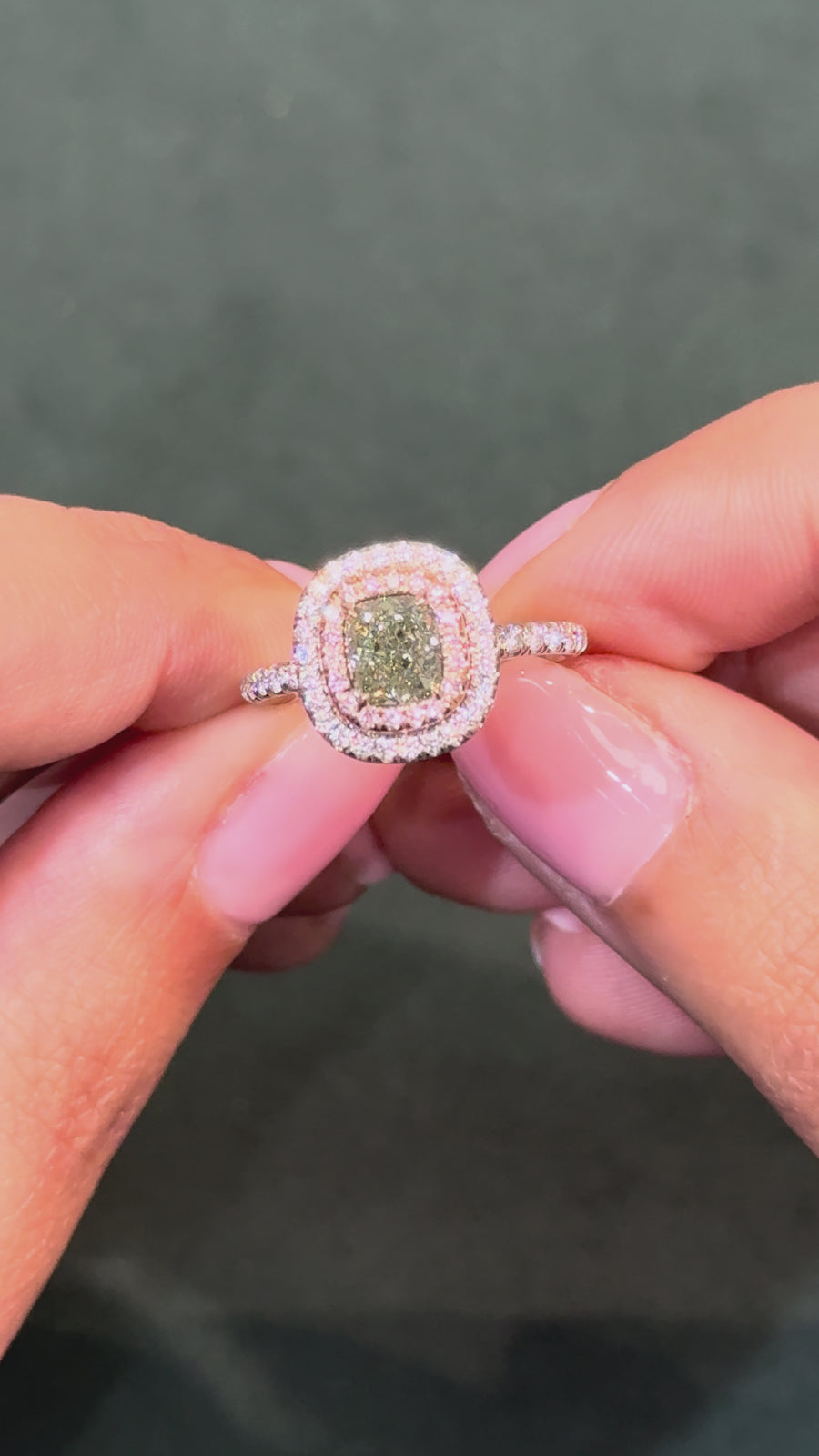 1.03ct Fancy Grayish Yellowish Green Cushion Diamond Double Halo Ring SI1 GIA