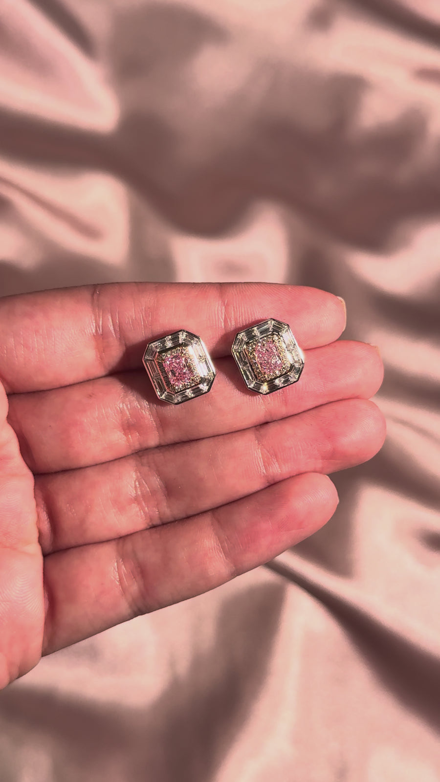 3.47ctw Pink Elongated Radiant Diamond Halo Stud Earrings GIA