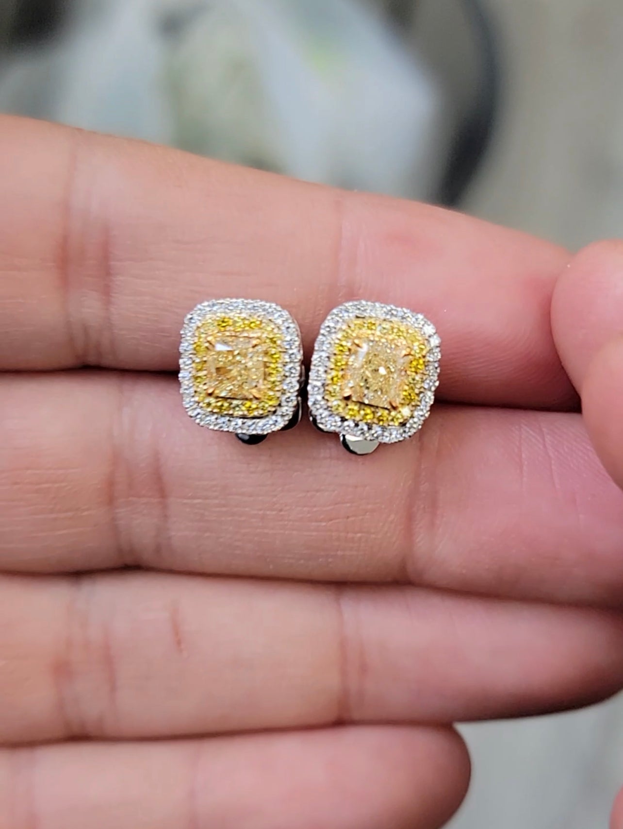 YELLOW CUSHION CUT DOUBLE HALO EARRINGS - Namdar Diamonds