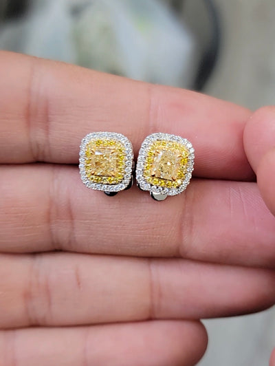 YELLOW CUSHION CUT DOUBLE HALO EARRINGS - Namdar Diamonds
