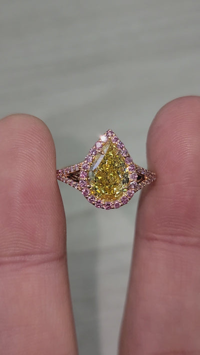 2.33ct Fancy Yellow Pear I1 Pink Diamond Ring