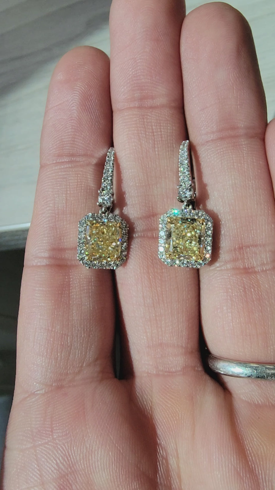 2.41 & 2.47ct Fancy Light Yellow Radiant Diamond Drop Earrings VS GIA
