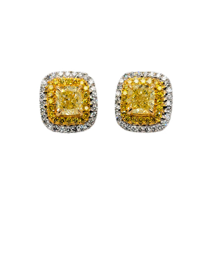 YELLOW CUSHION CUT DOUBLE HALO EARRINGS - Namdar Diamonds