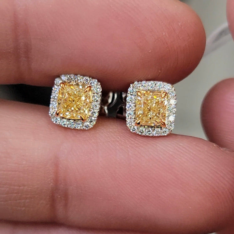Yellow Cushion Cut Single Halo Earrings - Namdar Diamonds