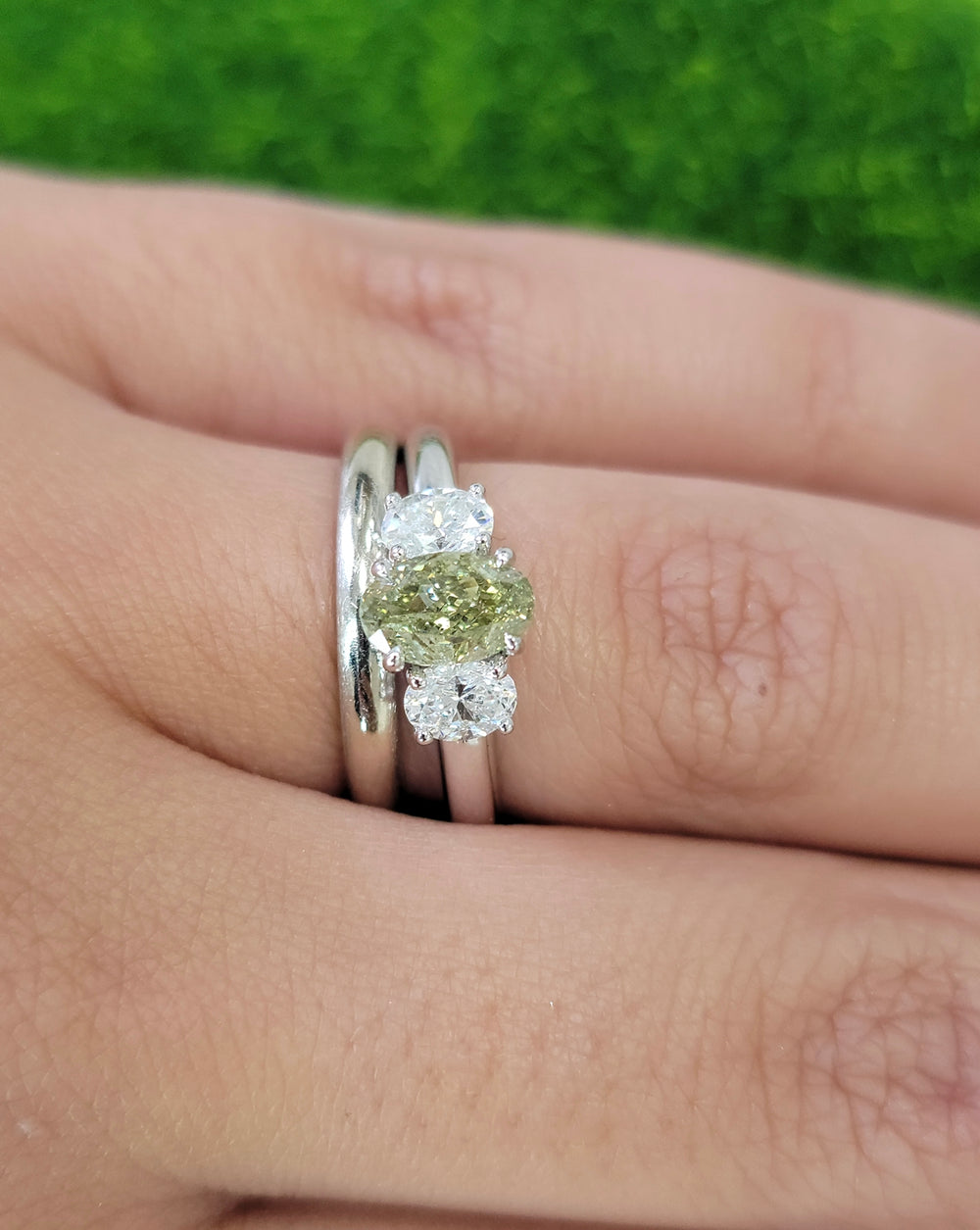 1.01ct ‘Chameleon’ Green Oval Diamond Ring GIA