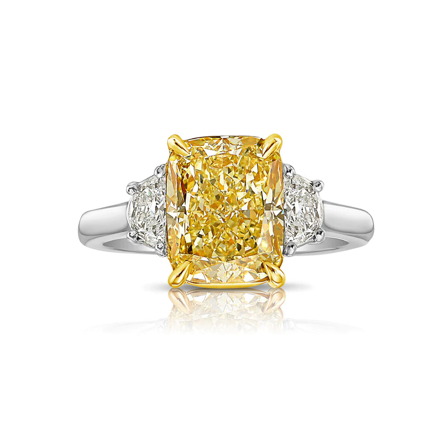 3.48ct Fancy Yellow Cushion Diamond Three Stone Ring VVS1 GIA