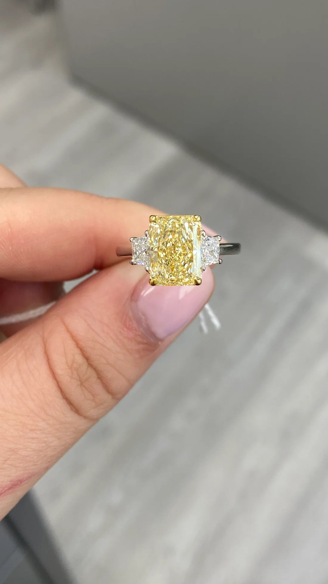 3.14ct Fancy Light Yellow Long Radiant Diamond Ring IF GIA