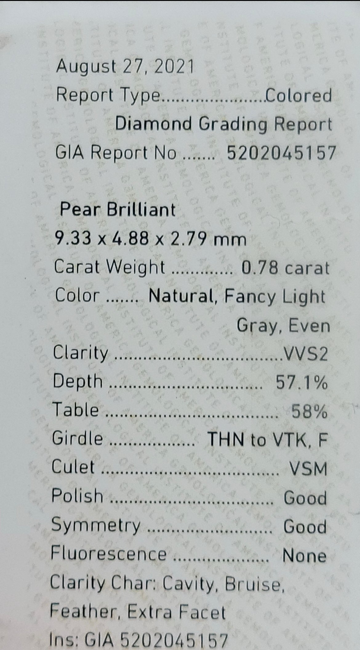 .78ct Fancy Light Gray Pear VVS2 GIA
