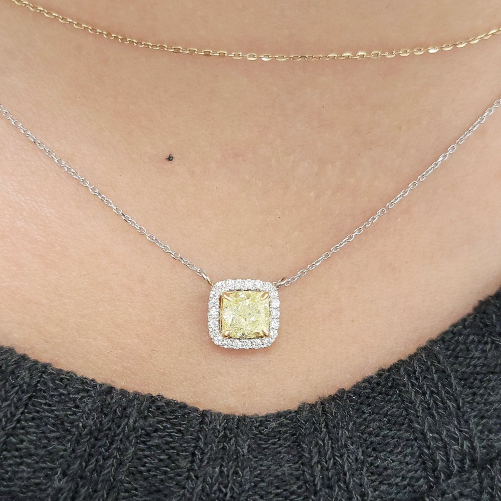 1ct Fancy Light Yellow Cushion Diamond Halo Pendant