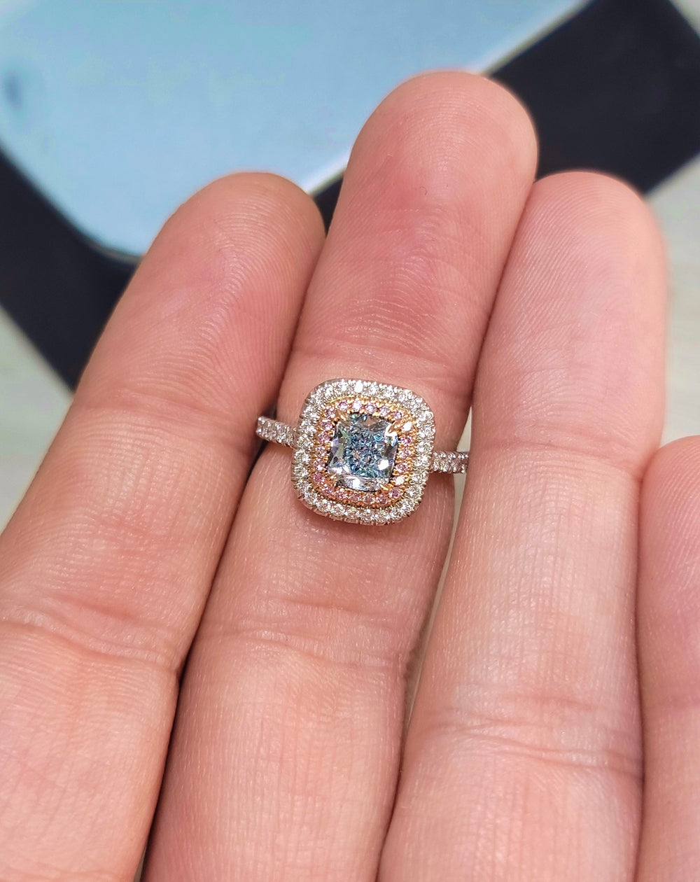 1.04ct Light Blue Cushion Diamond Ring SI1 GIA