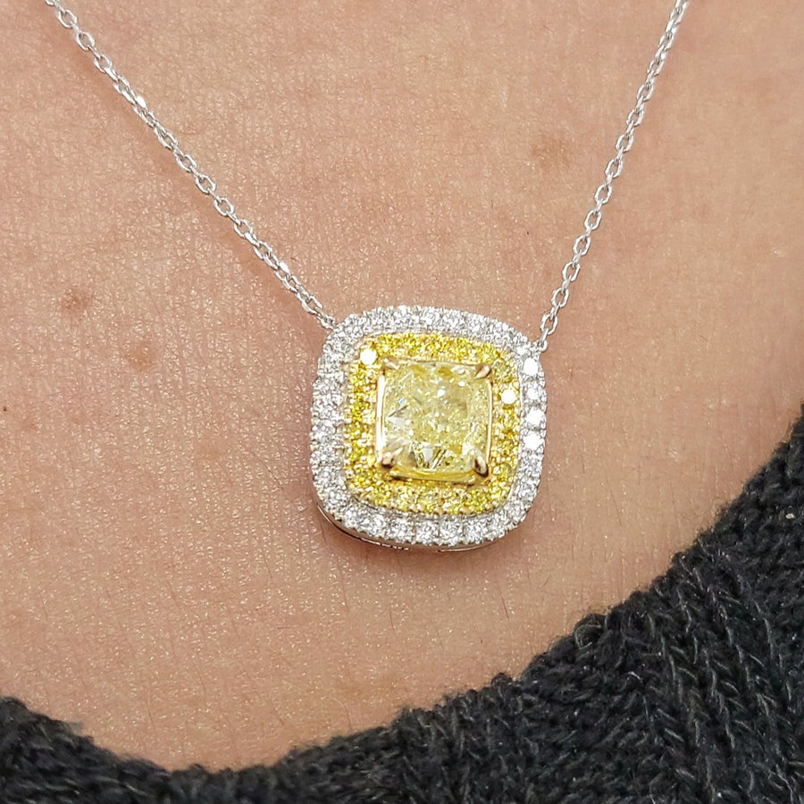0.82ct Yellow Diamond Cushion Diamond Double Halo Pendant