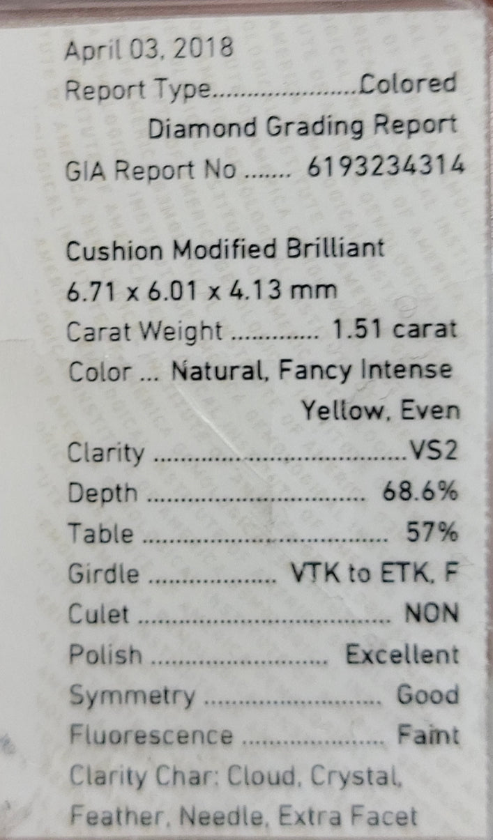 1.51ct Fancy Intense Yellow Cushion VS2 GIA