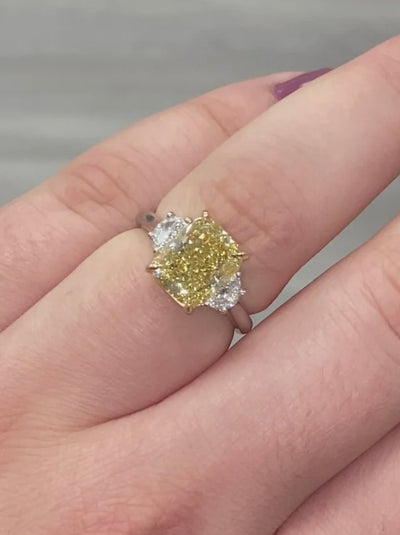 3.48ct Fancy Yellow Cushion VVS1 GIA Three Stone Ring