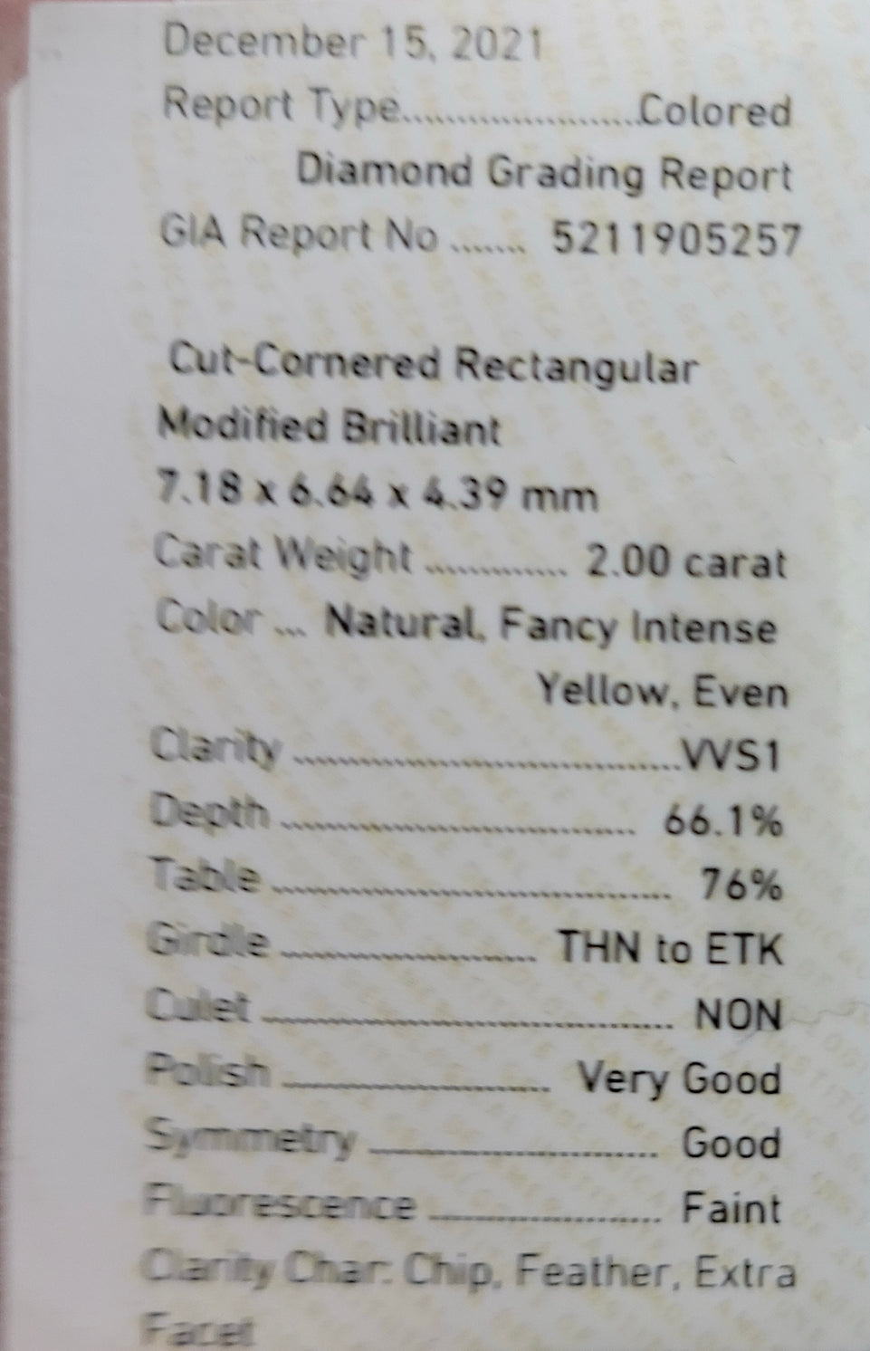 2.00ct Fancy Intense Yellow Radiant VVS1 GIA