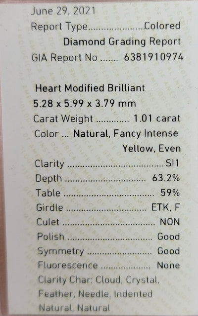 1.01ct Fancy Intense Yellow Heart SI1 GIA