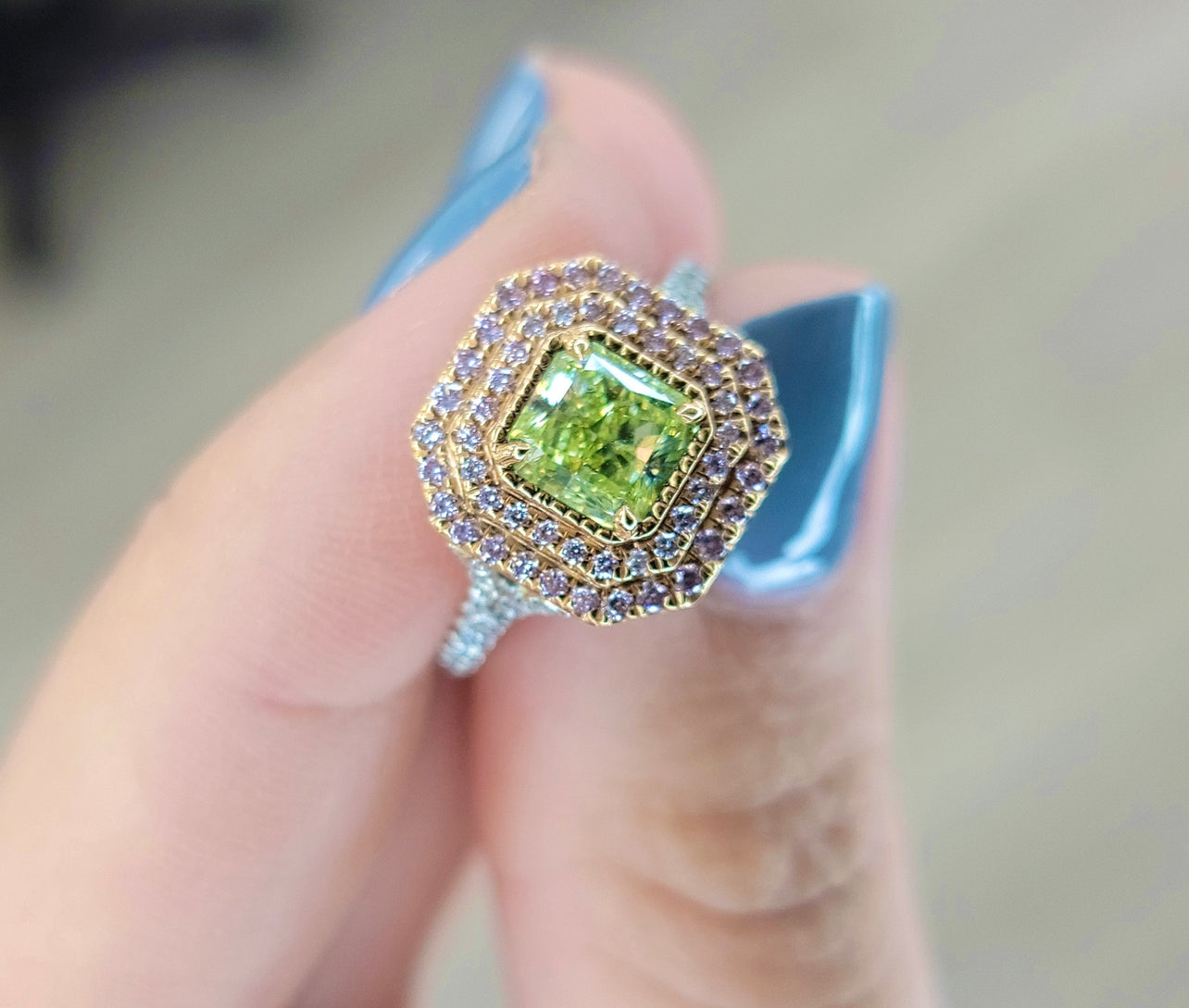 1.43ct Fancy Green Yellow Radiant NEON Ring