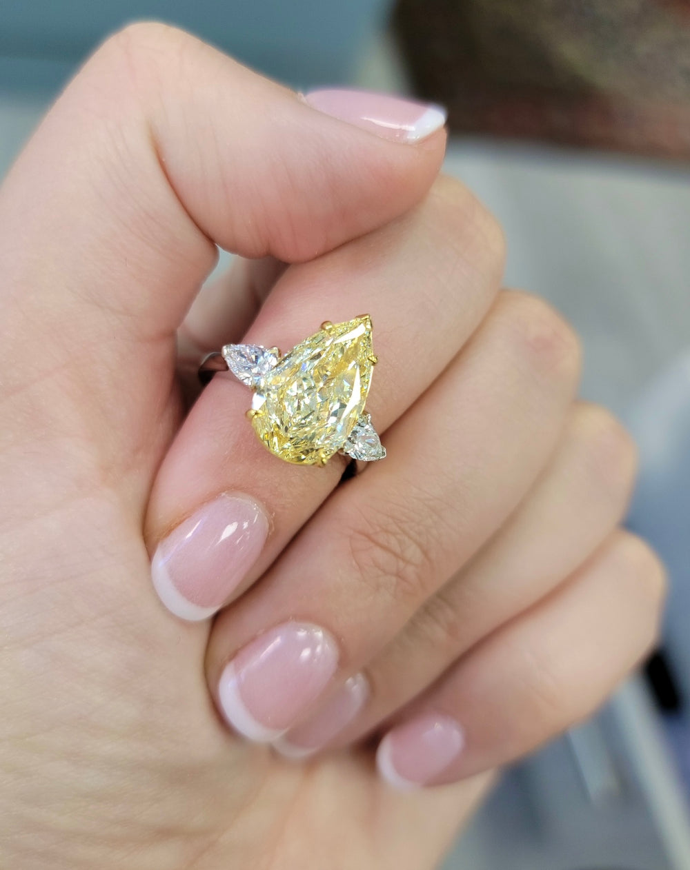 4.01ct Light Yellow Pear Diamond Three Stone Ring VVS1 GIA