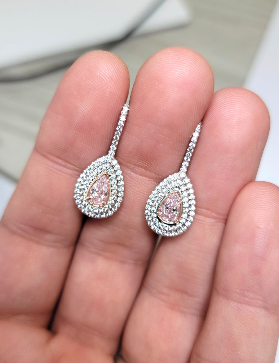 1.04ct Light Pink Pear Diamond Dangle Earrings GIA